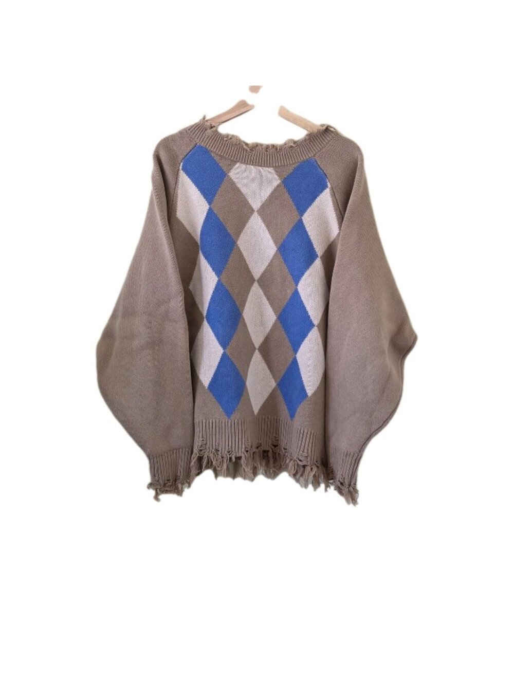 Umamiism Sweater Women M Cream Fringe Distressed Argyle Slouchy Grunge Edgy Punk